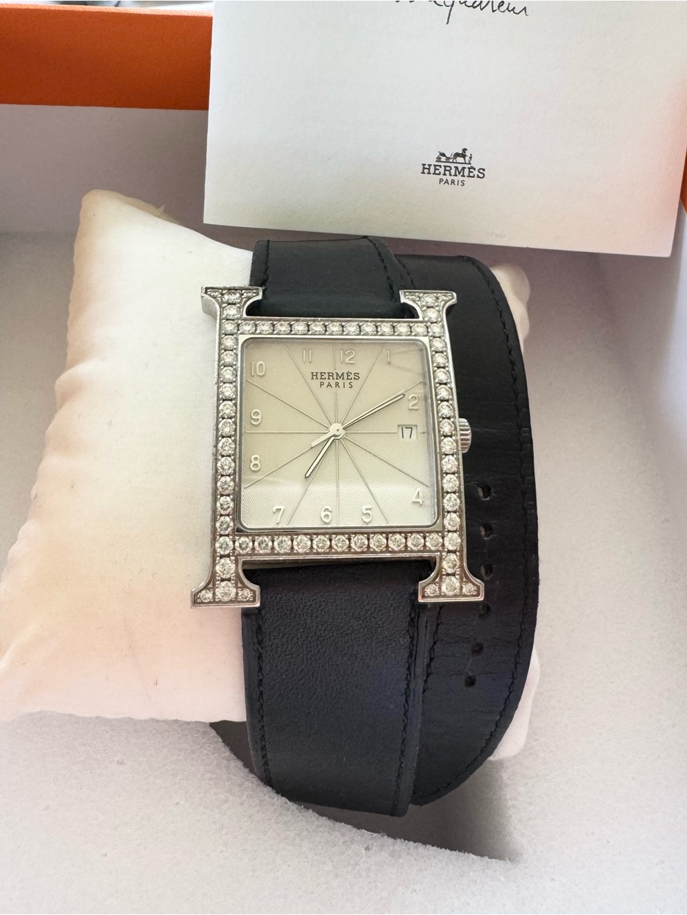 Hermès HH1.830 Diamond Bezel Lrg/34mm H Watch Double Wrap Black Leather Strap